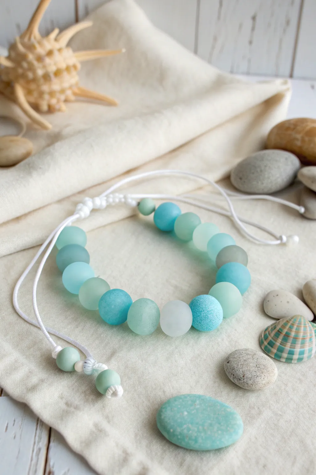 Chunky faux sea glass clay beads in cool coastal hues for an easy minimalist bracelet look