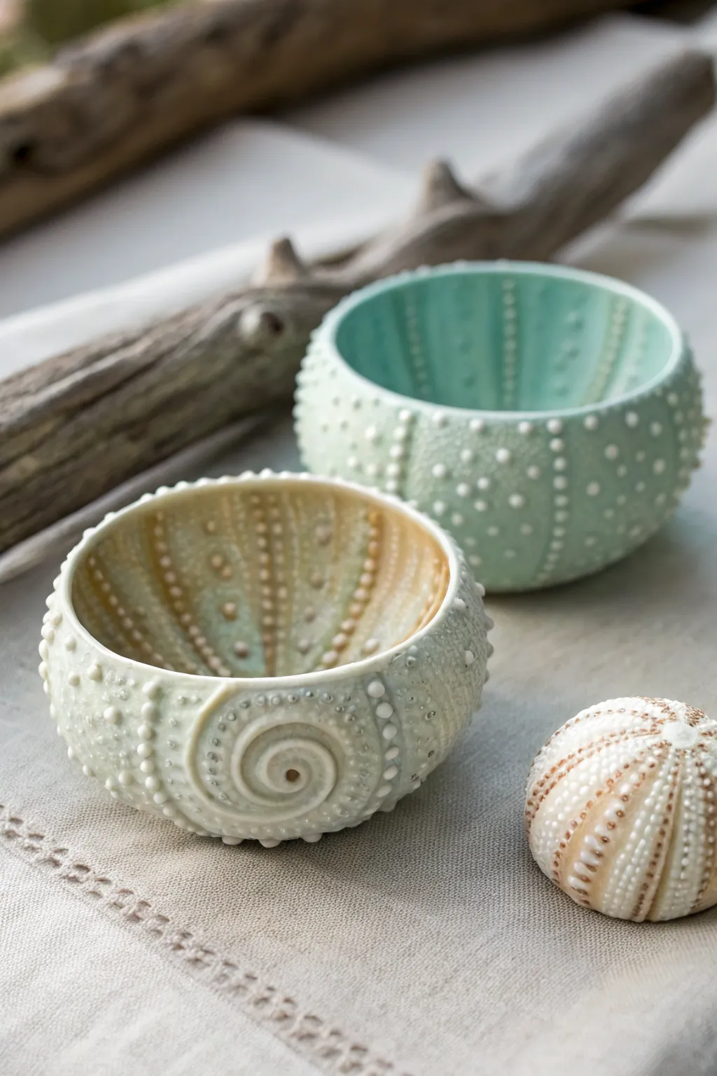 Coastal mini bowl duo: a sea urchin texture and spiral shell form in calm ocean hues