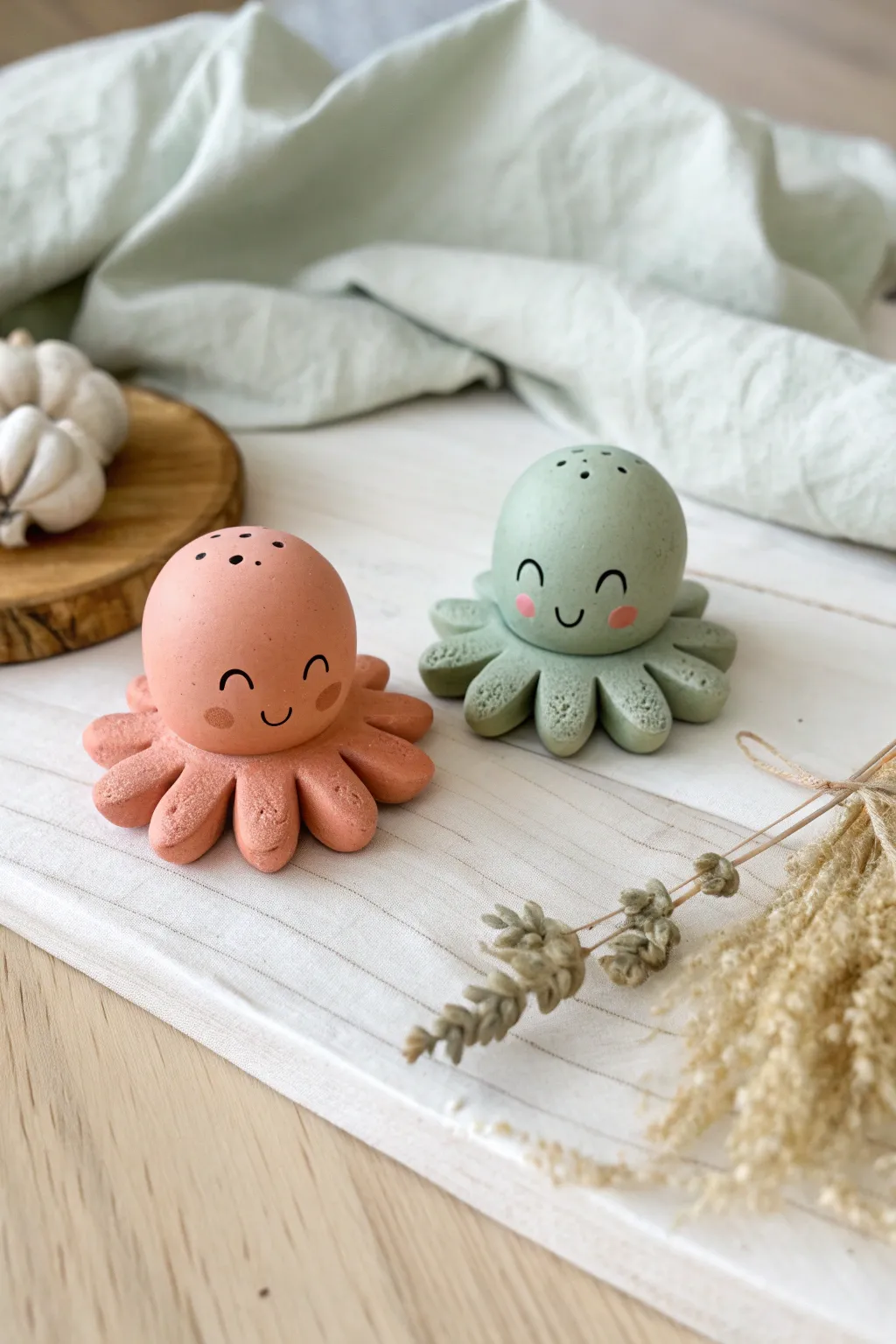 Sweet and grumpy reversible octopus twins in blush and sage, minimalist clay desk decor