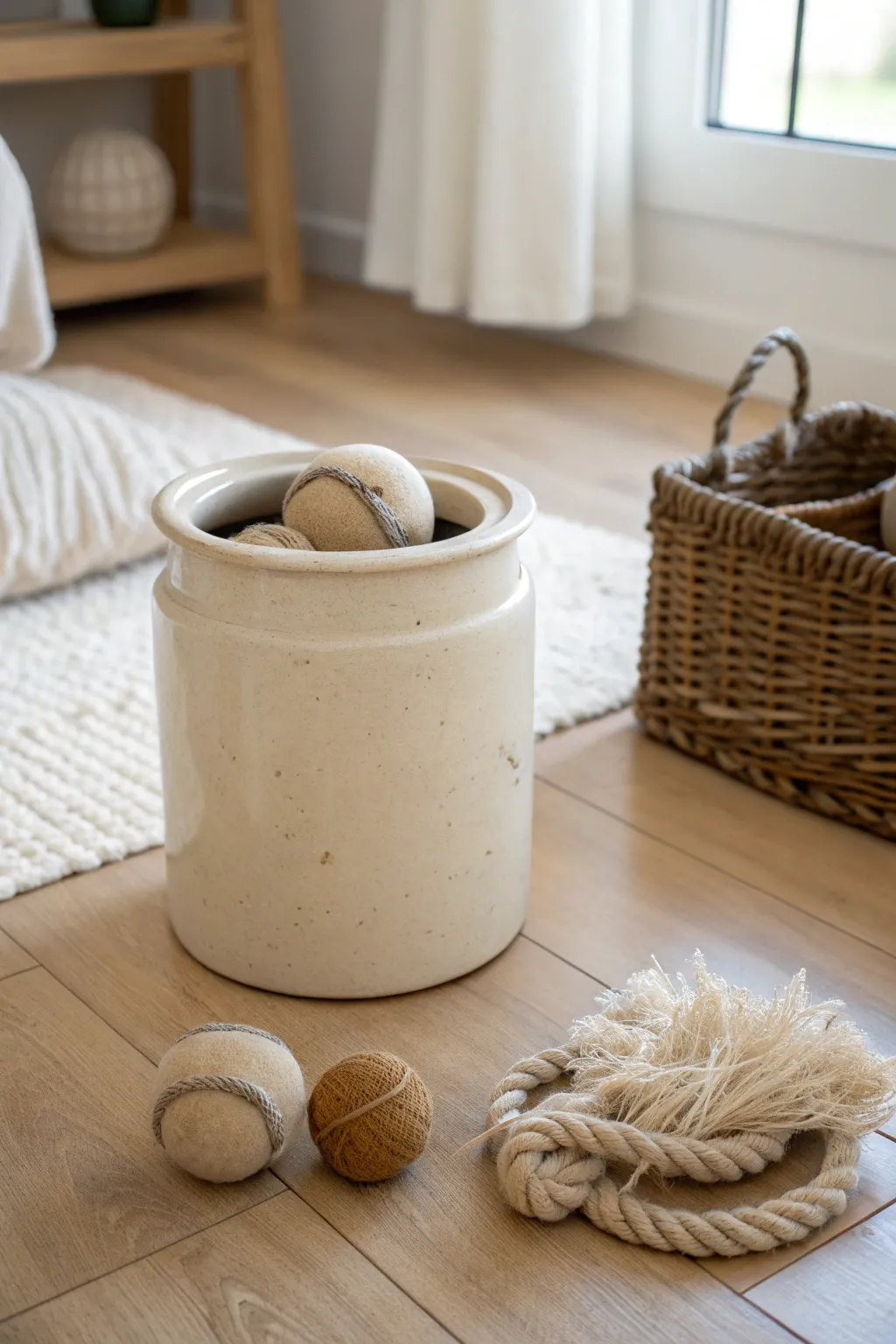 Old crock turned pet toy drop zone, styled minimal and cozy with warm natural textures