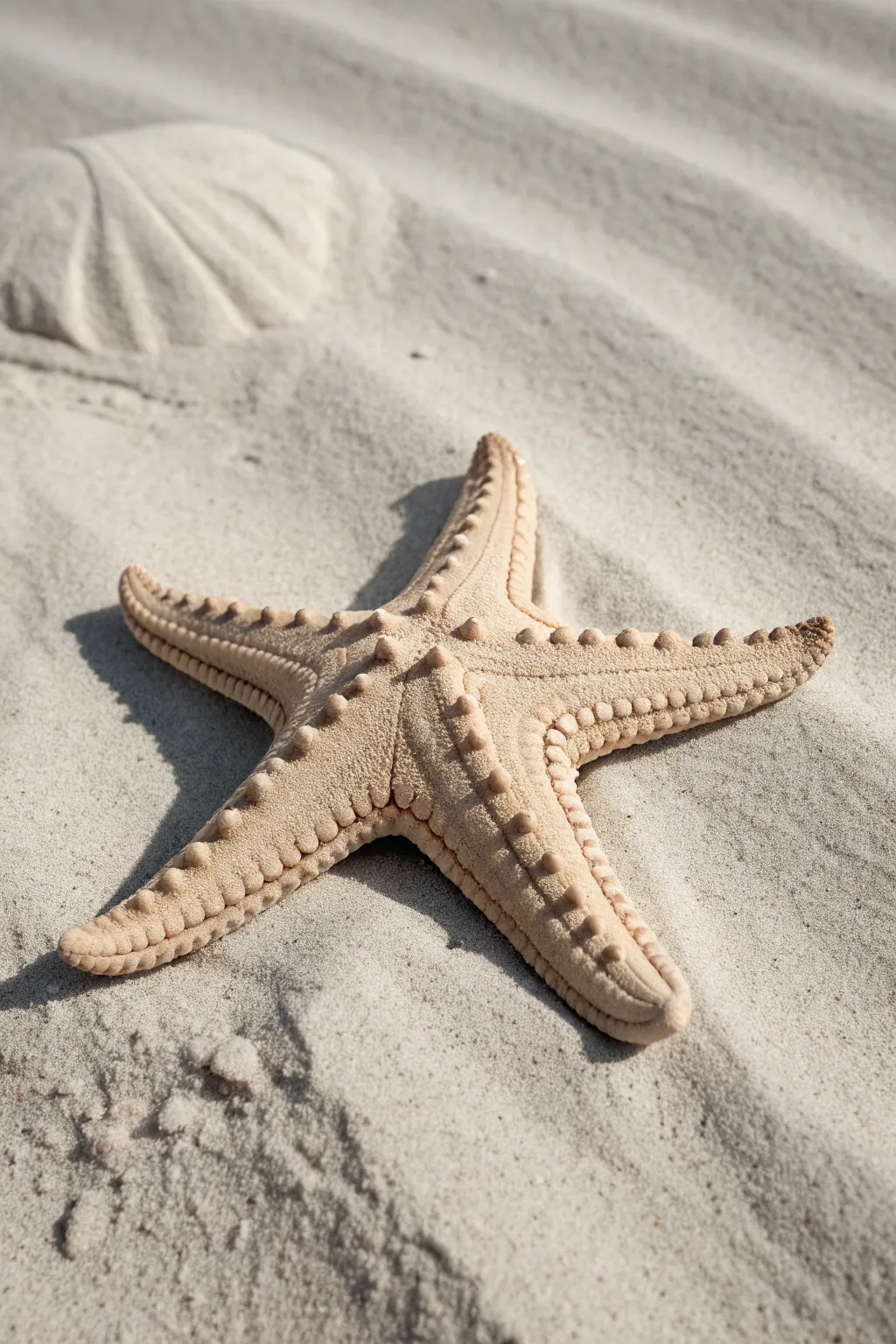 Monochrome clay starfish with pinched ridges, styled on a sandy backdrop for calm coastal vibes.