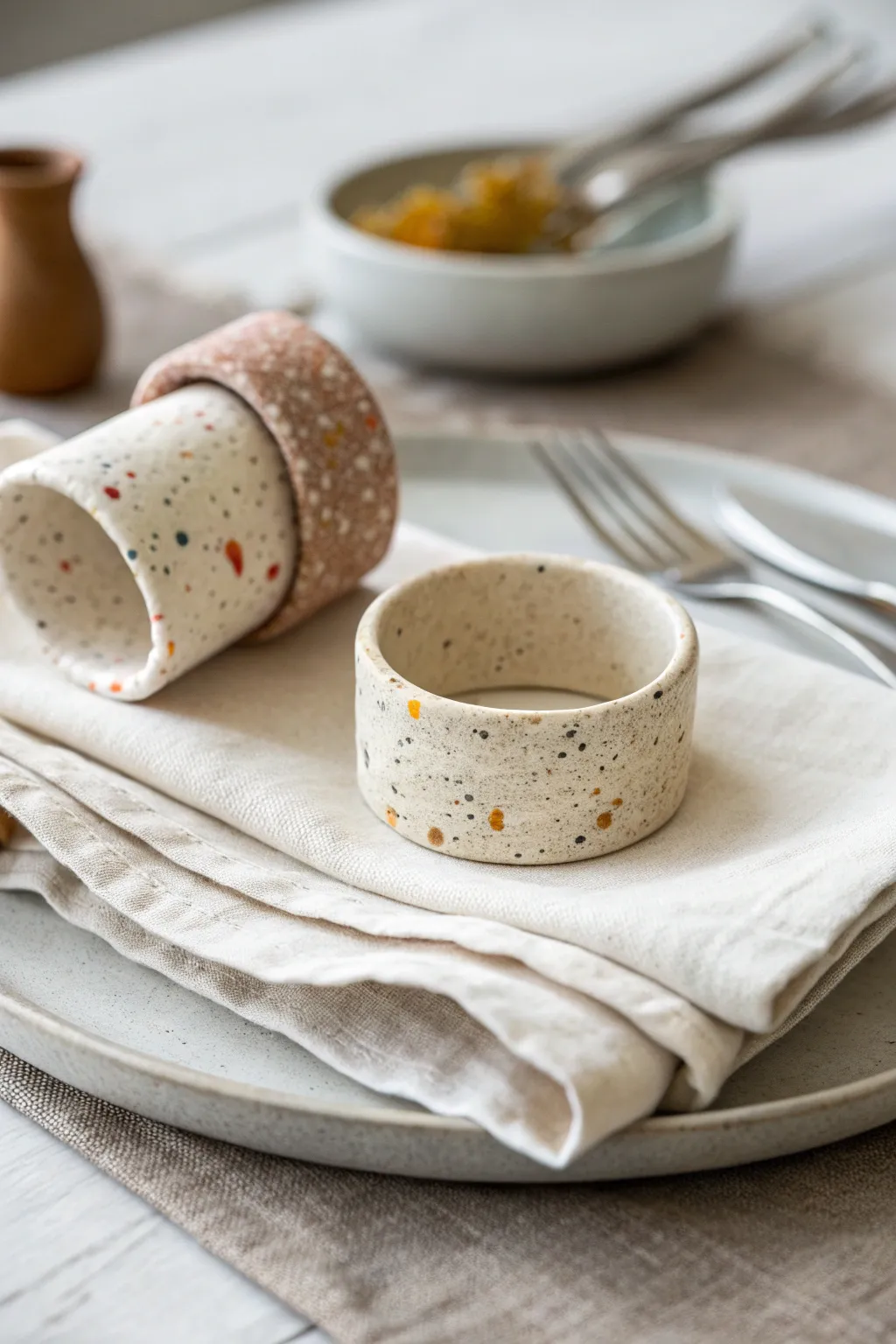 Terrazzo style oven bake clay napkin rings add modern minimal charm to any table setting