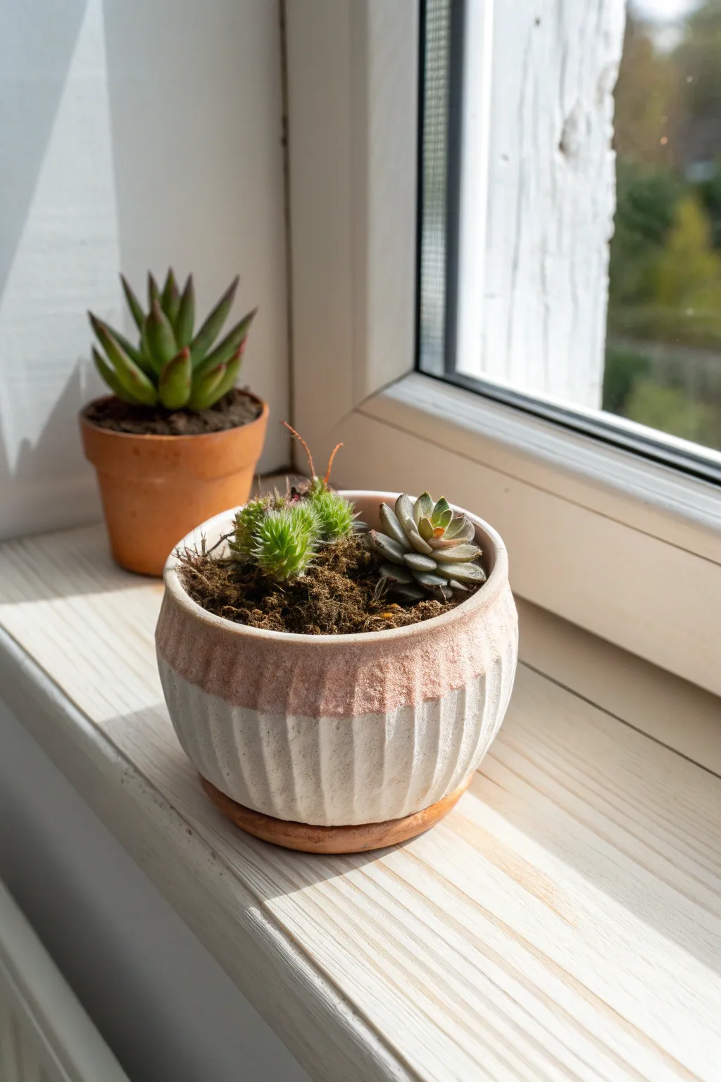 Beginner-friendly oven-bake clay mini planter with a sweet minimalist look on a sunny sill