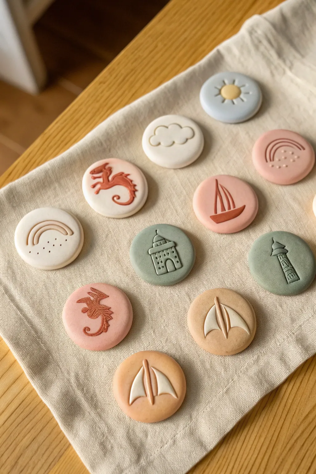 Minimal clay story tokens for kids: castle, dragon, rainbow and ship for make-believe tales.