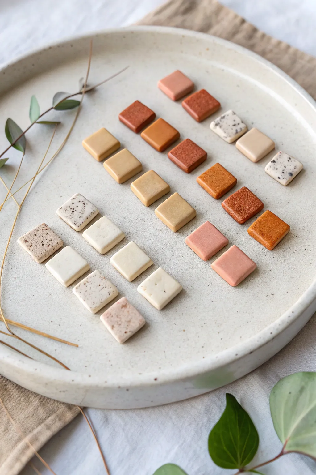 Mini oven-bake clay mosaic studs in a calming grid, perfect for mix-and-match styling