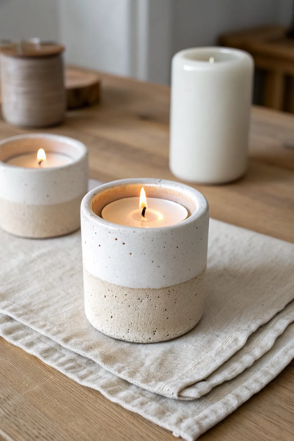 Simple oven-bake clay candle holders in calm neutrals for a minimalist Scandinavian boho look