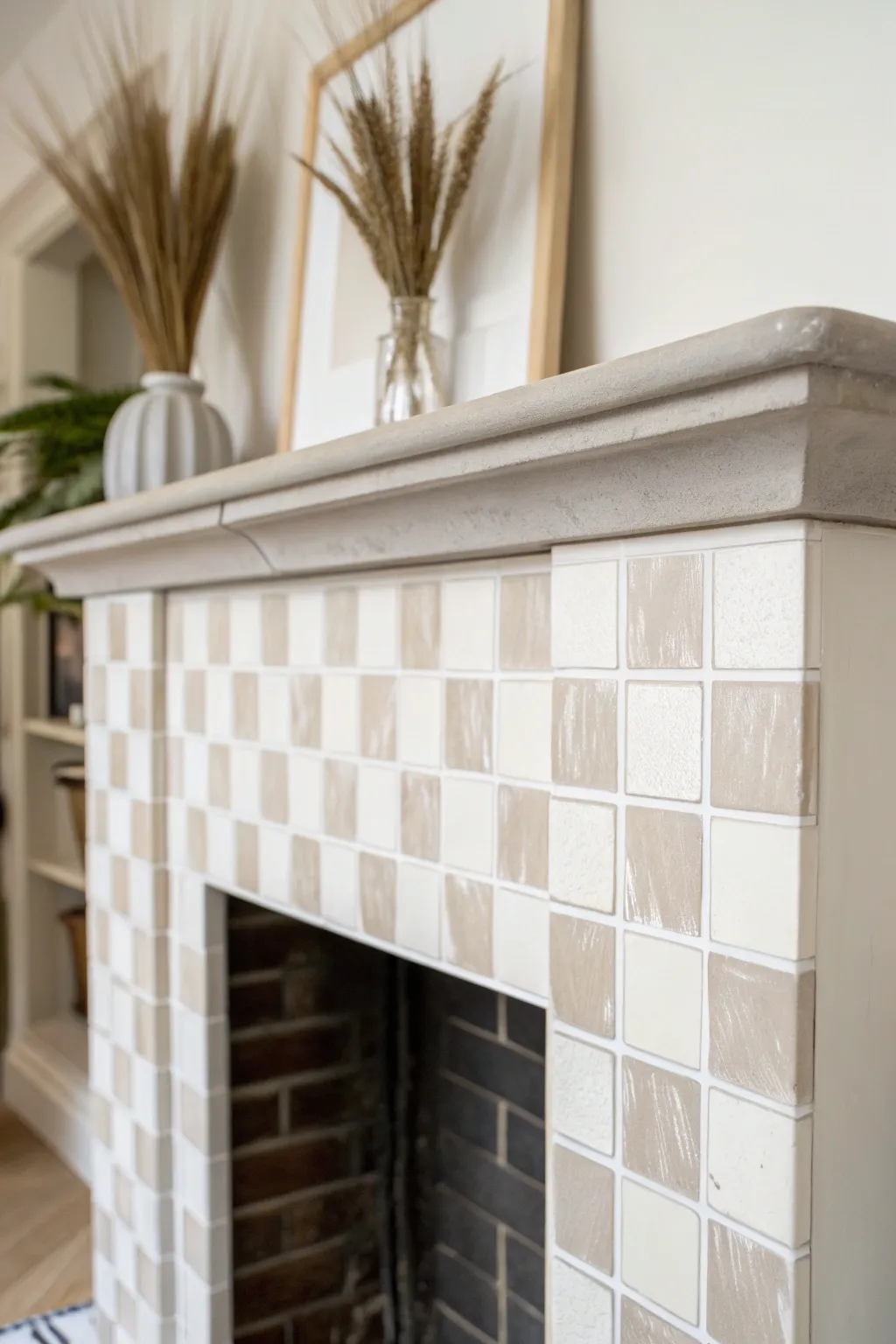 Soft neutral checkerboard tiles add graphic charm to a minimalist, boho fireplace surround.