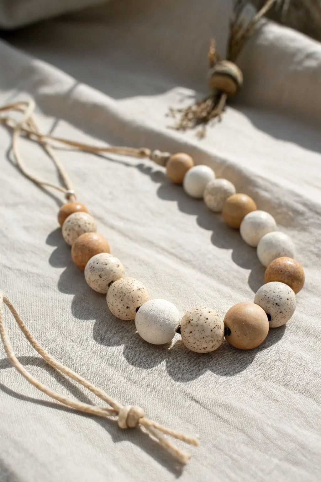Chunky neutral paper clay beads with a smooth sealed finish, simple and softly boho-minimal.