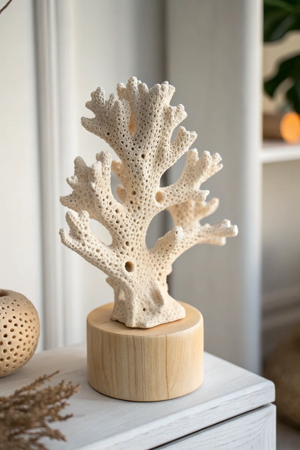 Coral-inspired paperclay sculpture in matte sand tones, with beautiful pores and soft shadows.