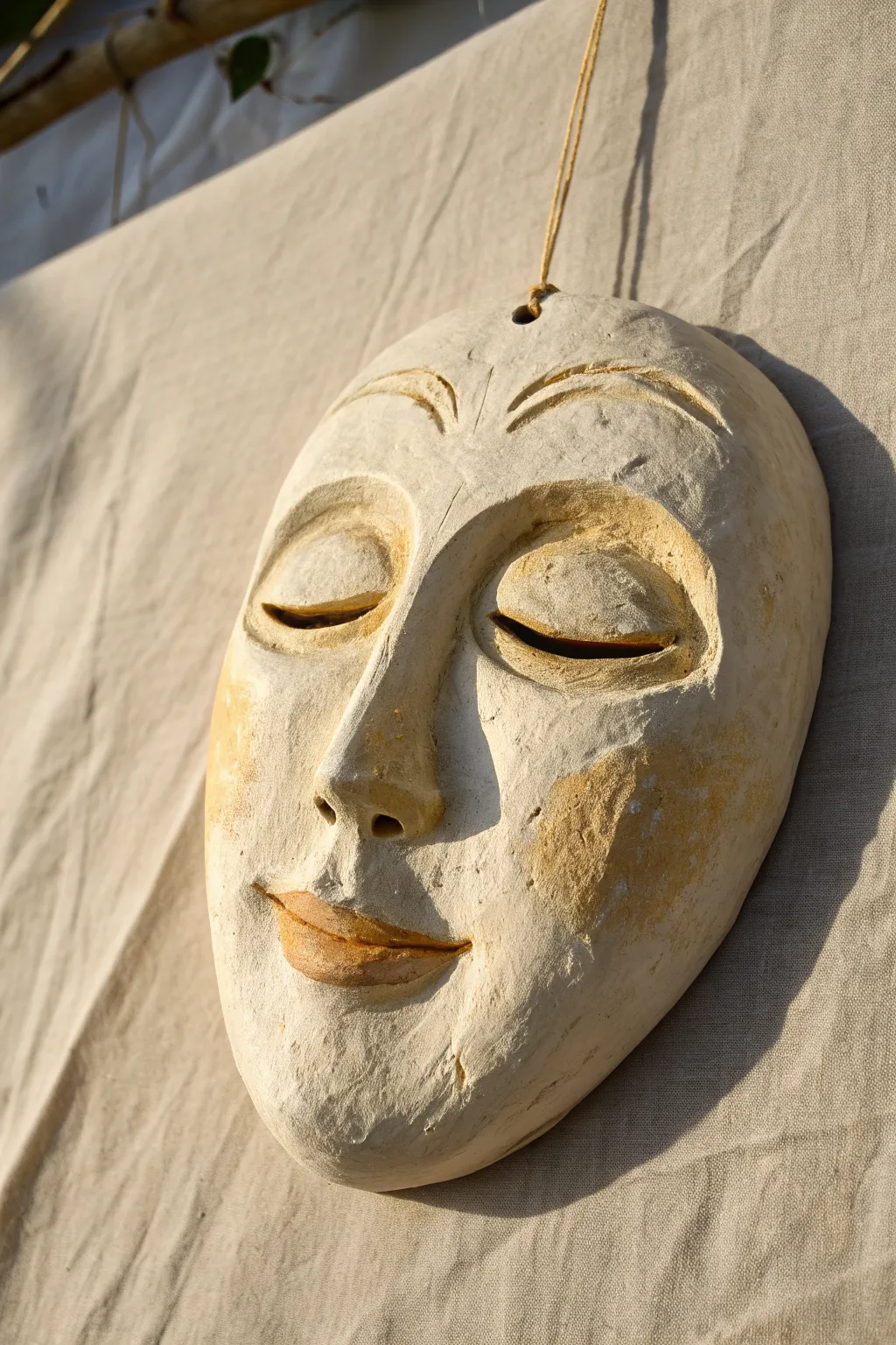 Minimal paper mache clay face mask with raised features, matte finish, Scandinavian boho vibe.