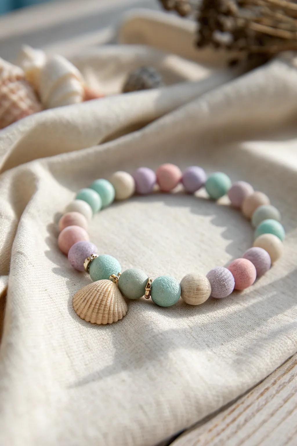 Beachy pastel clay bead bracelet with a shell accent, minimalist coastal styling.