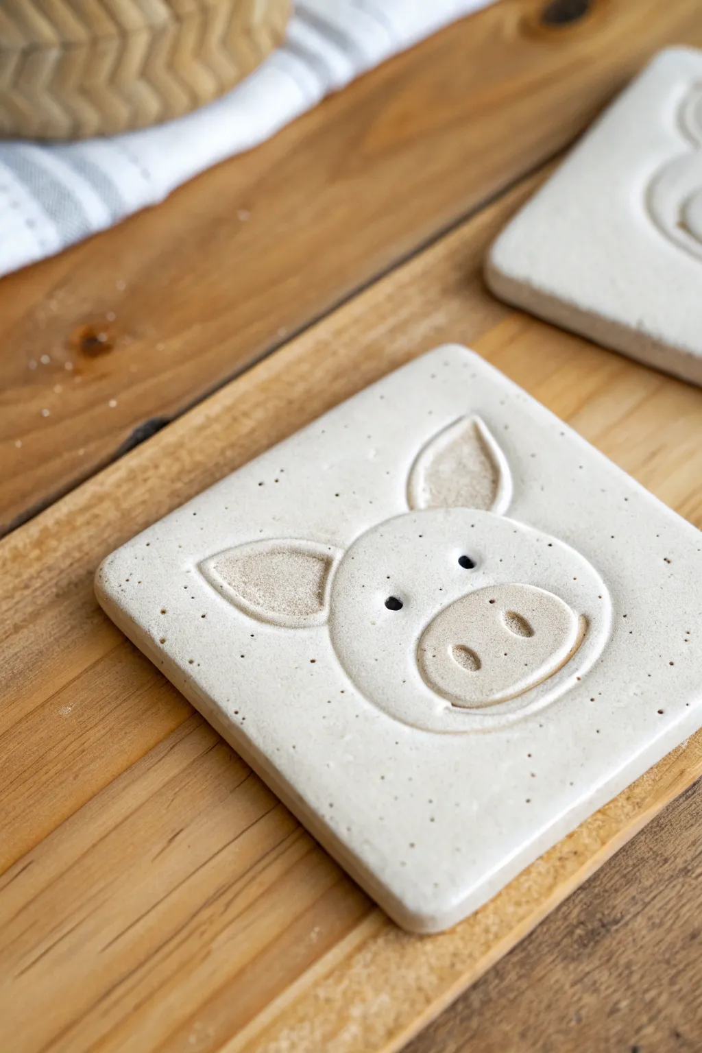 Minimal pig face clay tile coaster on warm wood, simple handmade charm with cozy contrast.