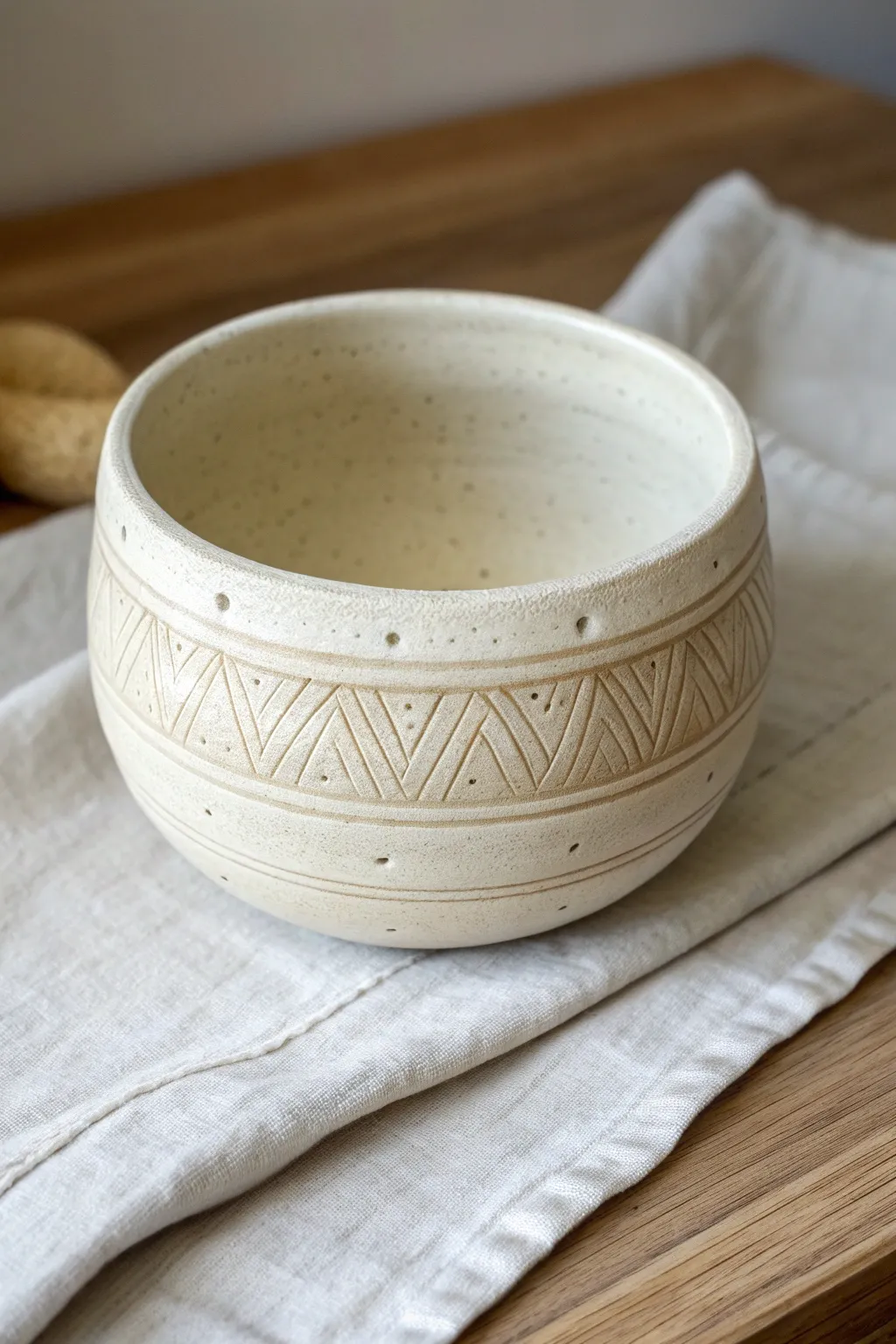 Minimal carved linework pinch pot with high-contrast lighting for an easy sgraffito look