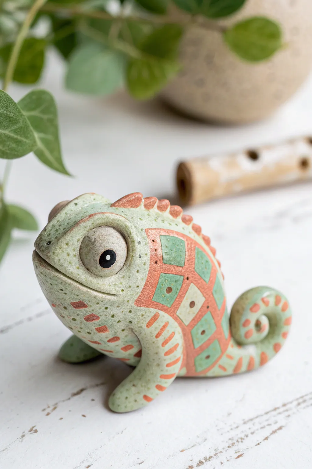 Playful chameleon pinch whistle with curled tail mouthpiece in bold color blocks and matte glaze