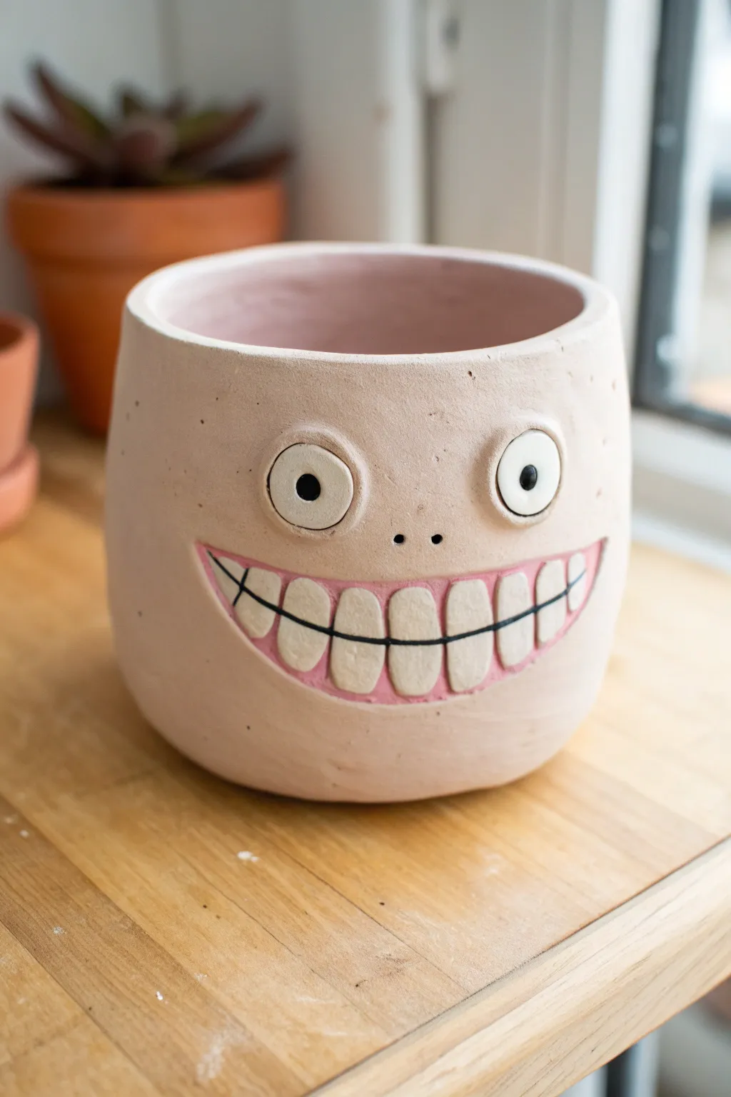 Sweet pinch pot monster with blush lips and simple braces, a fun beginner-friendly clay idea