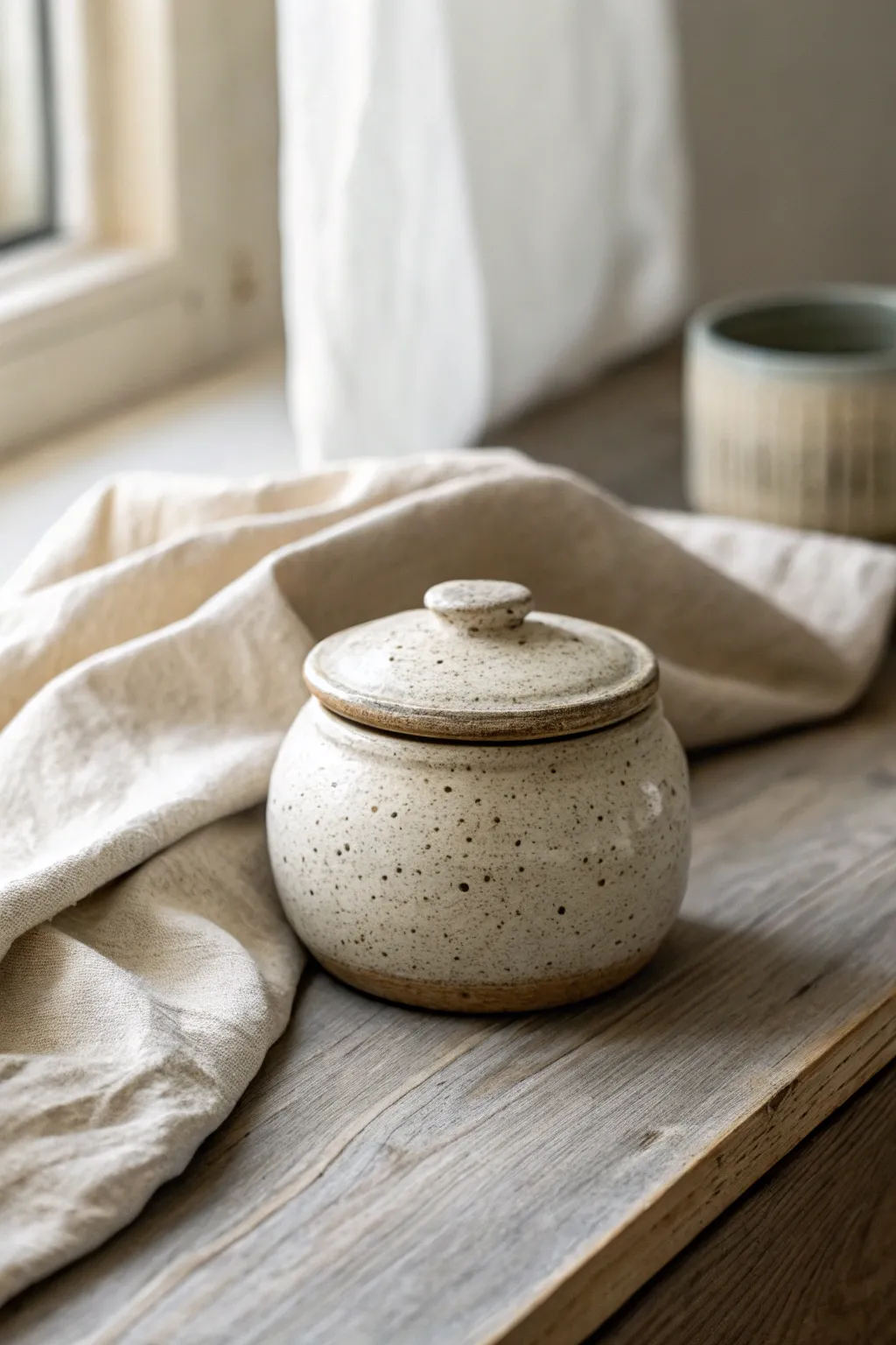 Speckled pinch pot jar with a clean minimal lid, styled in soft Scandinavian neutrals.