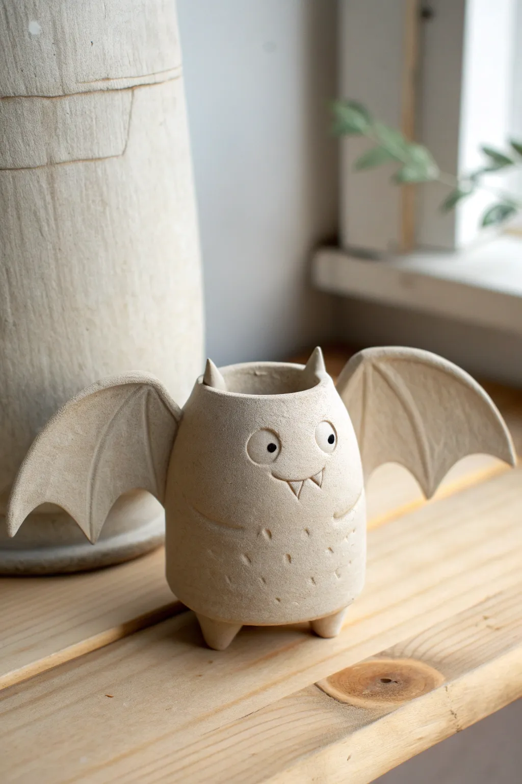 Sweet bat-wing pinch pot monster, a simple clay project with cozy Scandinavian-boho vibes.