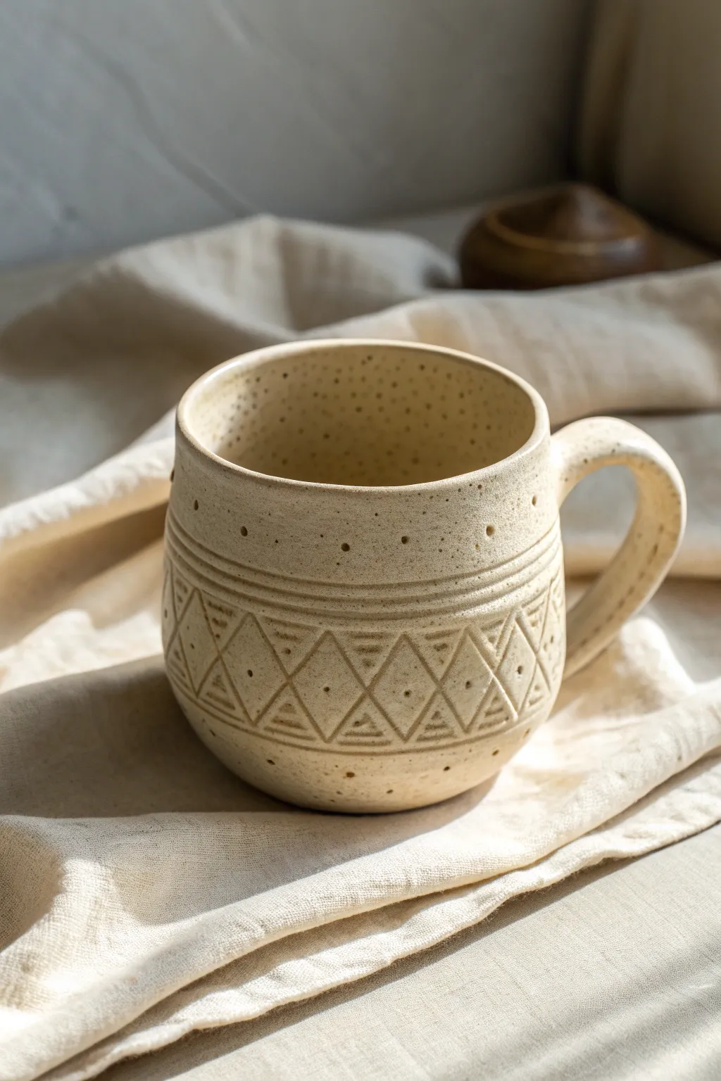 Minimal pinch pot mug with a stamped dot-and-line band, simple boho texture and calm contrast.