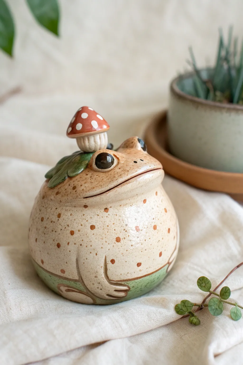 Woodland pinch pot rattle: a cozy toad with a tiny mushroom cap in earthy, minimal style