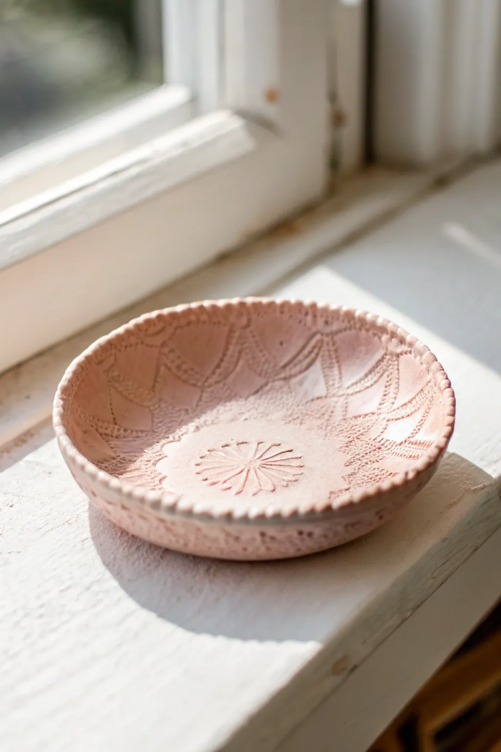 Blush pink lace-texture keepsake dish with a minimalist boho vibe, handmade and softly imperfect.
