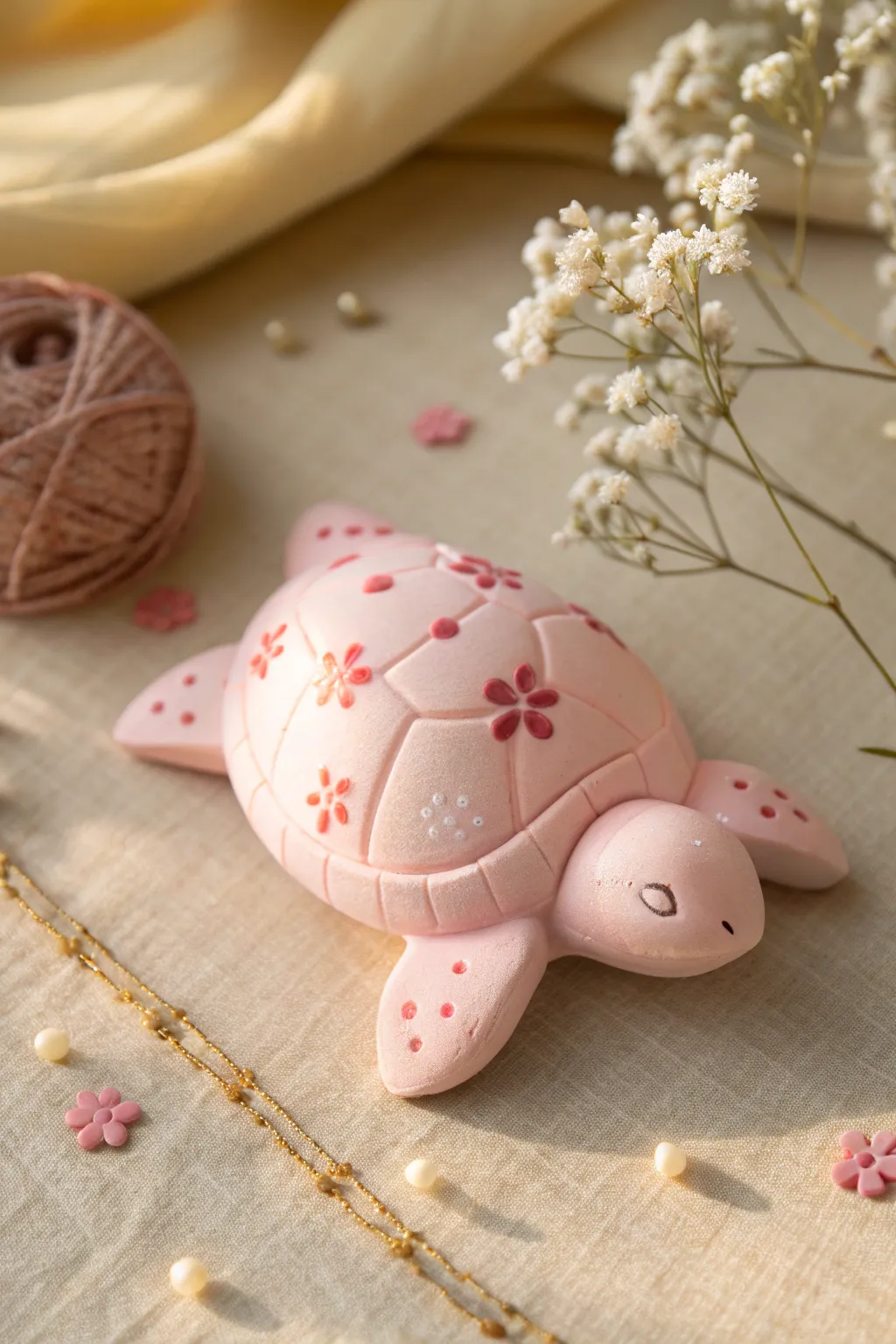 Sweet pink clay turtle with a softly patterned shell, minimalist and boho in one.