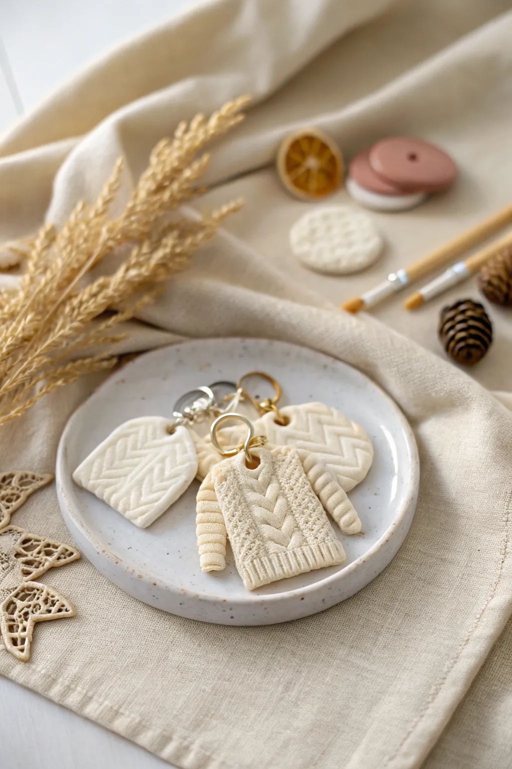 Cozy knit-textured polymer clay charms on linen in minimalist boho neutrals, Pinterest-ready