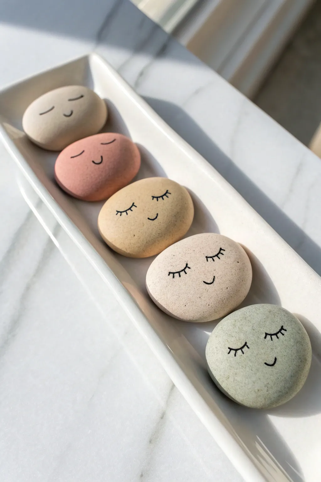 Pastel plasticine mood pebbles with simple faces, a calming minimalist fidget set.