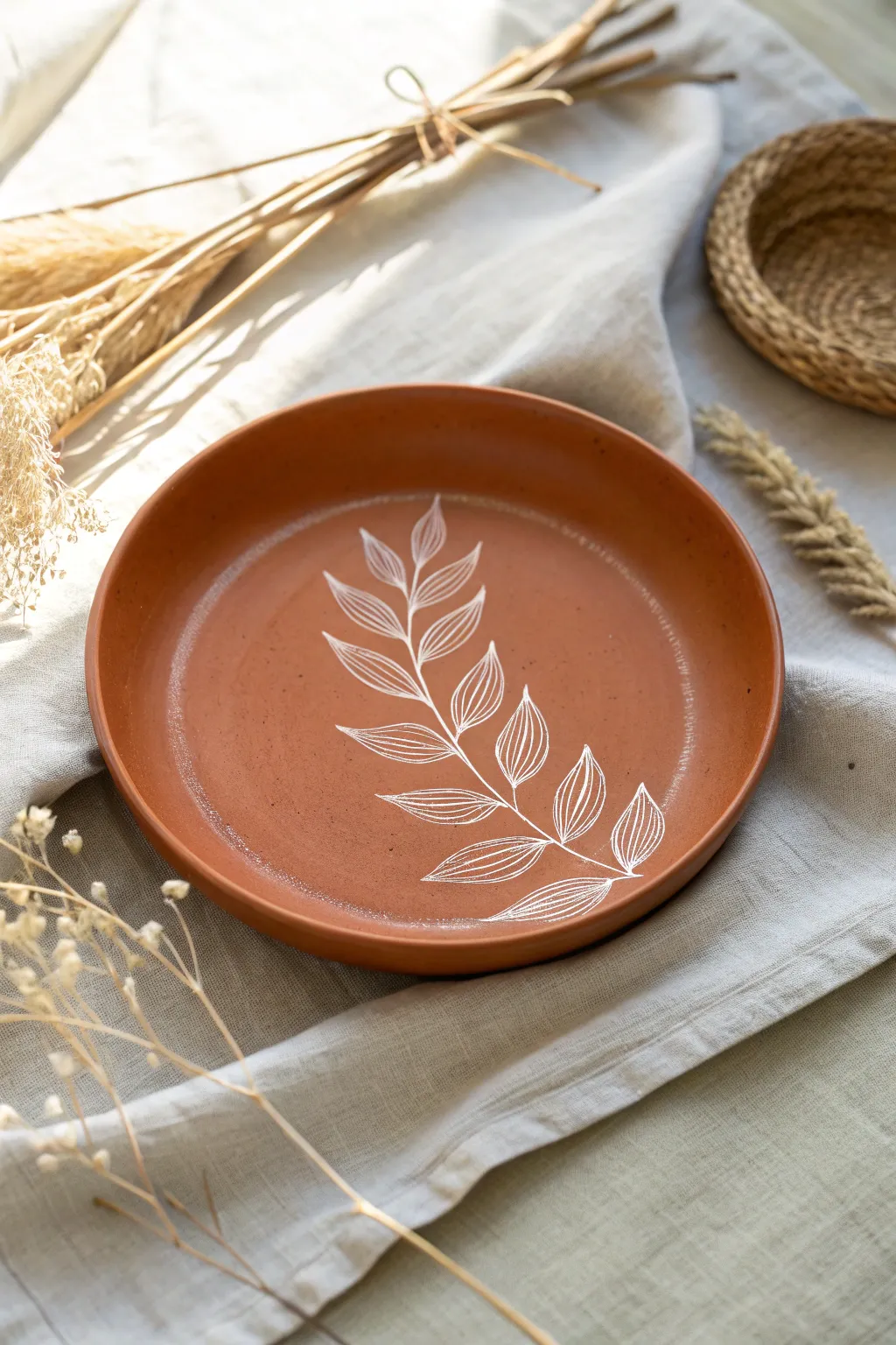 Minimal sgraffito leaf plate: terracotta slip scratched back to reveal bright clay contrast