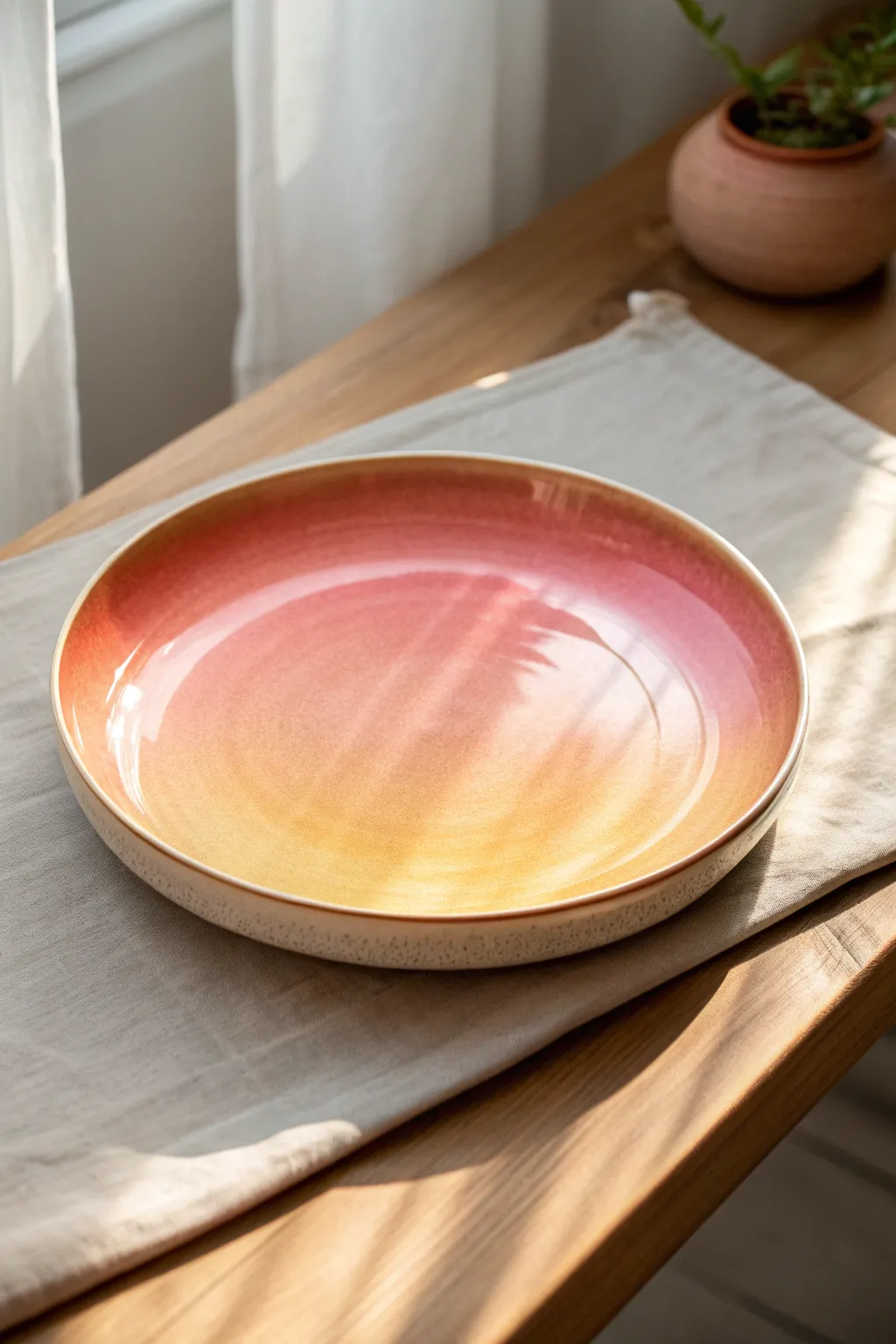 Sunset ombre plate: blush to tangerine to golden glow with a clean minimalist rim.