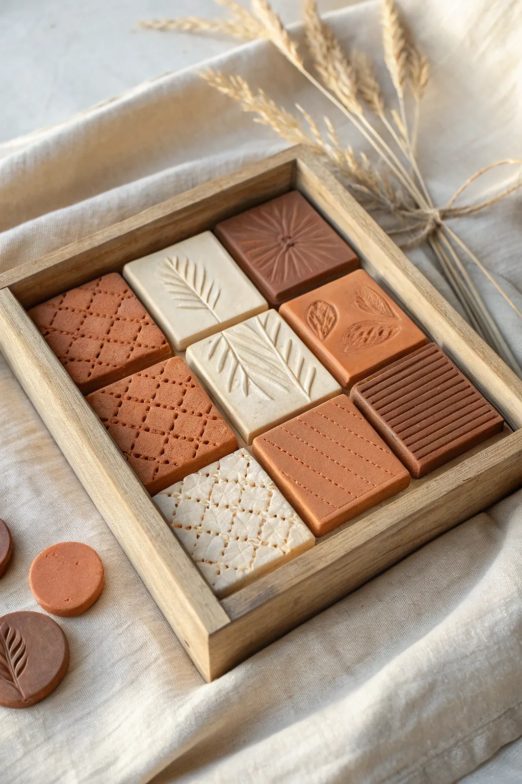 Play clay texture swatches on a minimalist tray, perfect for stamp and roller inspiration.