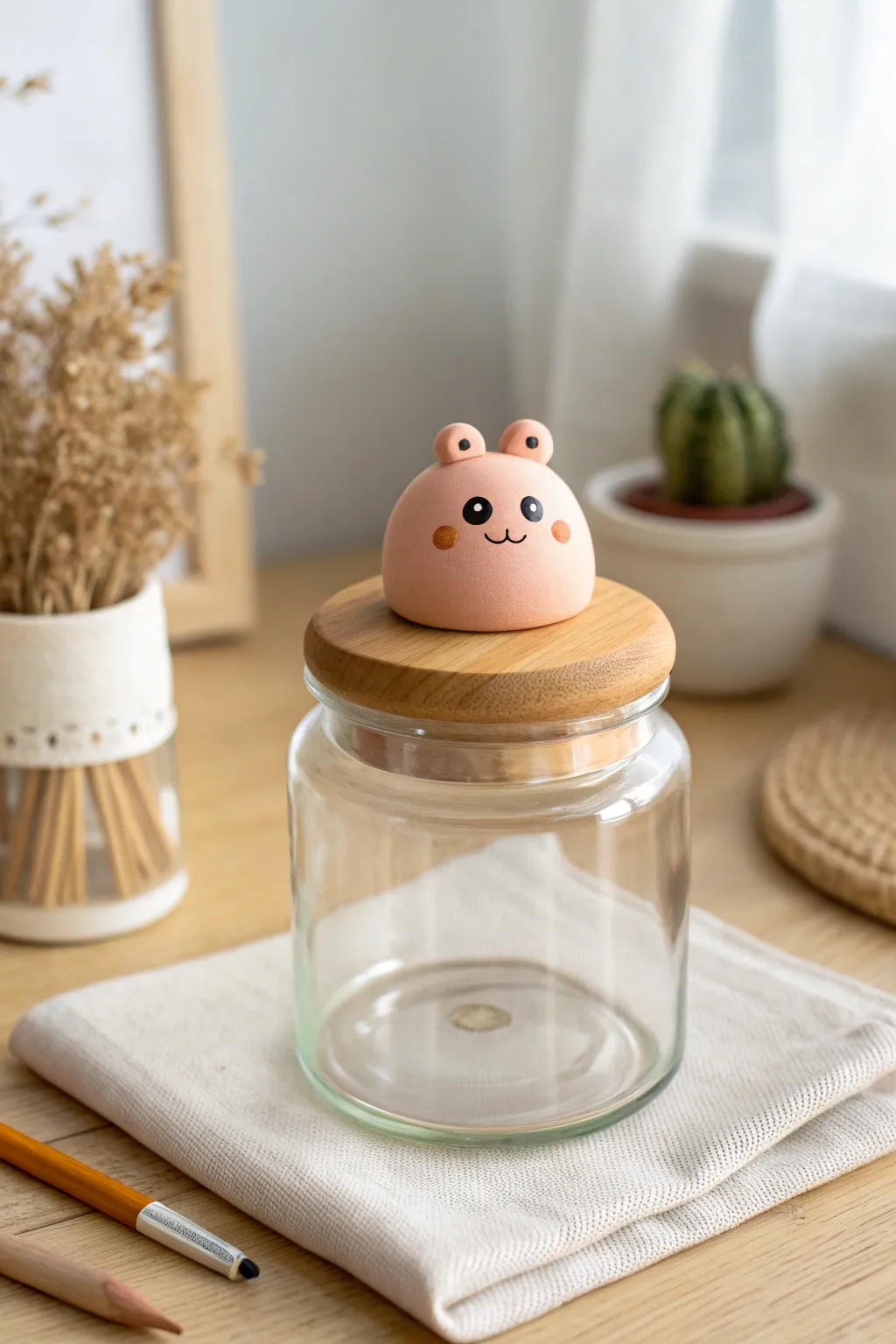 Adorable polymer clay jar lid topper idea: a smiling blob on a minimalist craft desk.