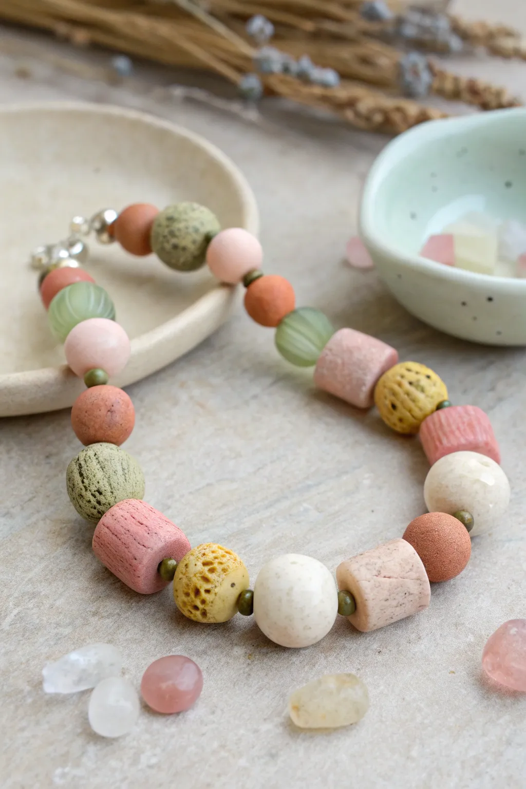 Chunky polymer clay bead bracelet strand in soft boho colors, styled with extra beads.