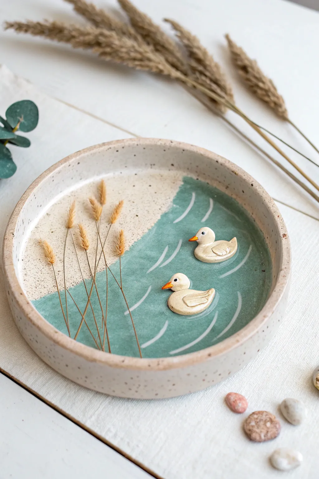 Mini pond trinket dish in polymer clay, simple ducks and ripples, calm Nordic-boho vibes