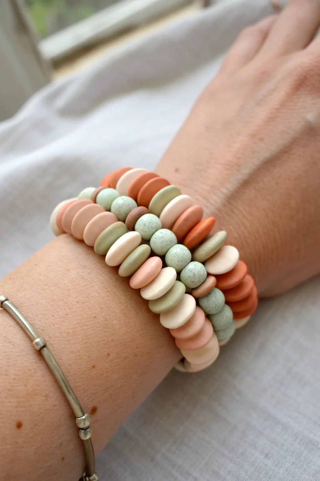 Smooth lentil polymer clay beads stack softly into a bracelet that sits perfectly on the wrist.
