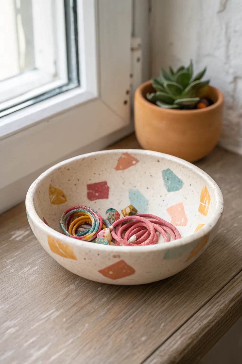 Cheerful confetti polymer clay bowl, a sweet vanity dish for colorful hair ties.