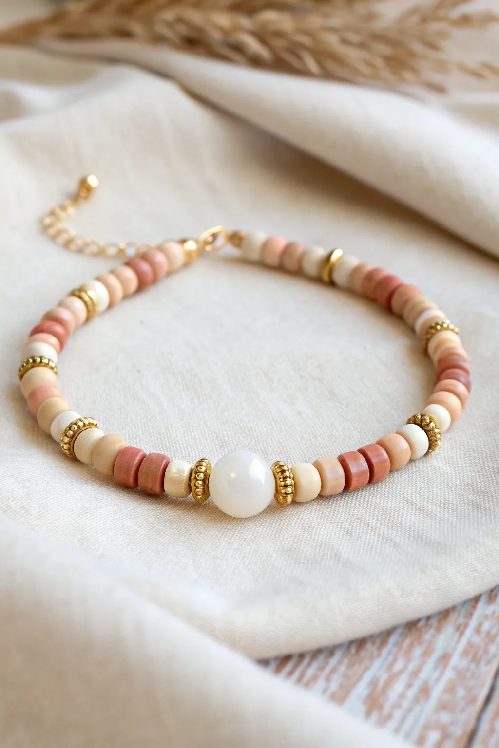 Perfectly mirrored heishi bracelet design with a centered accent bead for satisfying symmetry