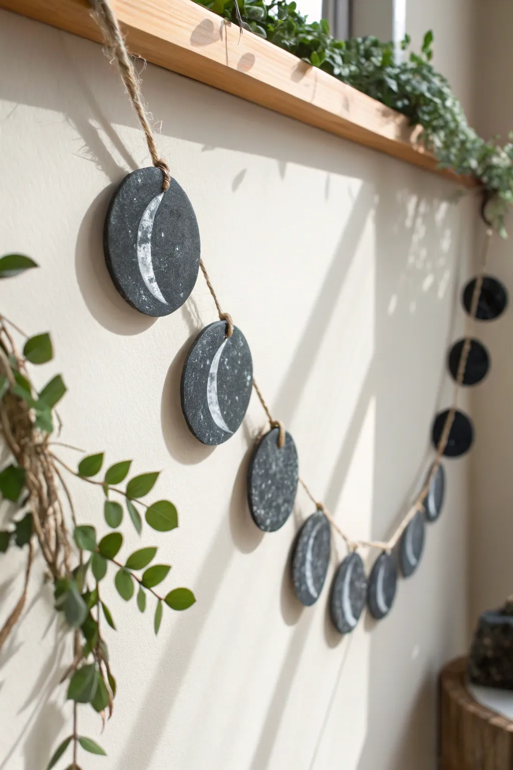 Minimal moon phase polymer clay garland in marbled charcoal, softly draped for cozy boho calm.