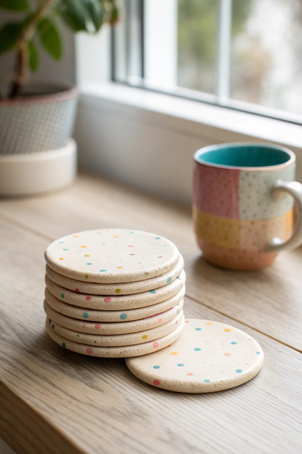 Confetti dot polymer clay coasters bring playful color to a calm Scandinavian coffee moment