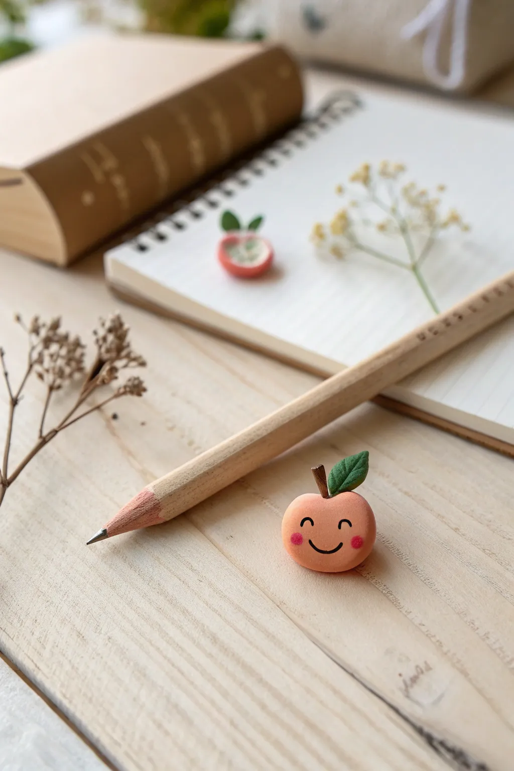Sweet polymer clay pencil topper in soft pastels, styled on a minimalist desk for happy vibes