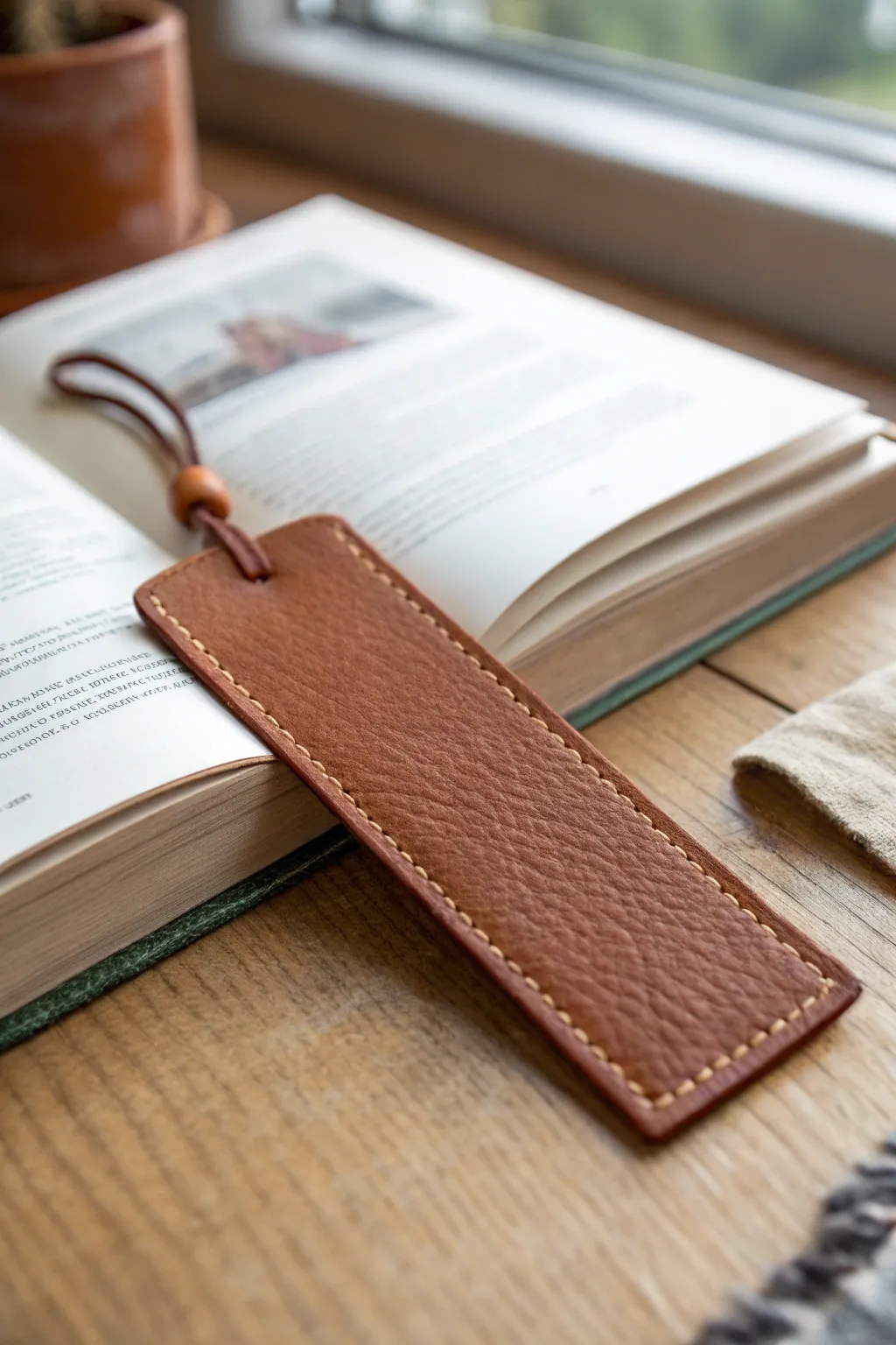 Faux leather polymer clay bookmark with minimalist boho texture, peeking from a closed book.