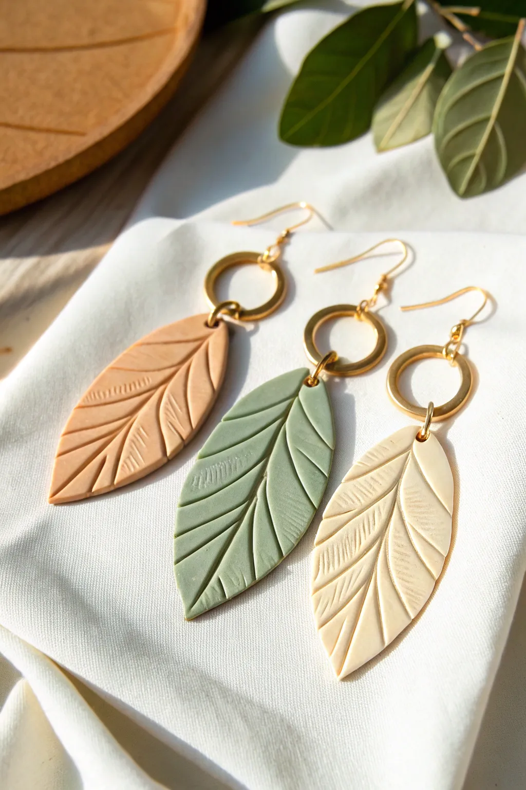 Simple leaf silhouette polymer clay earrings in sage and neutral tones, clean minimal styling.
