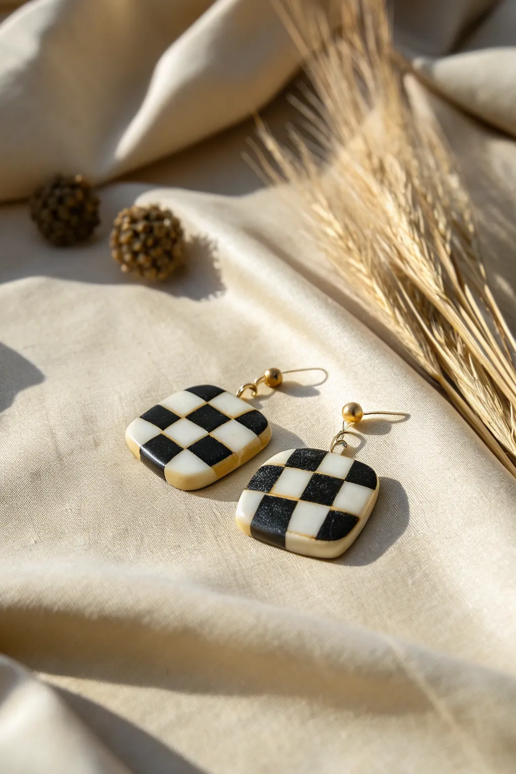 Minimal checkerboard polymer clay studs in high-contrast tones, perfect for beginner earring ideas.