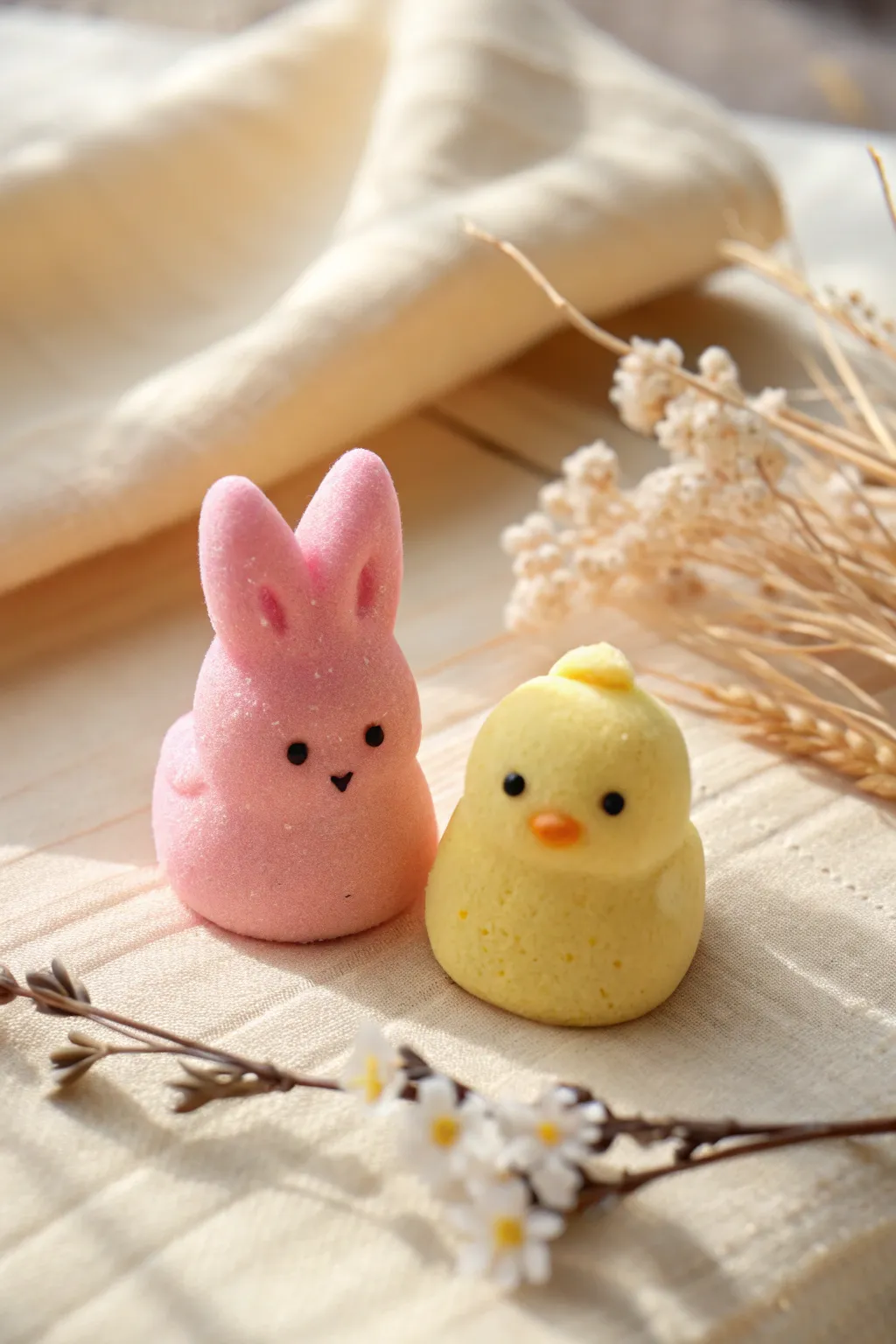 Marshmallow-soft polymer clay bunny and chick minis in dreamy pastels, perfect for Easter decor
