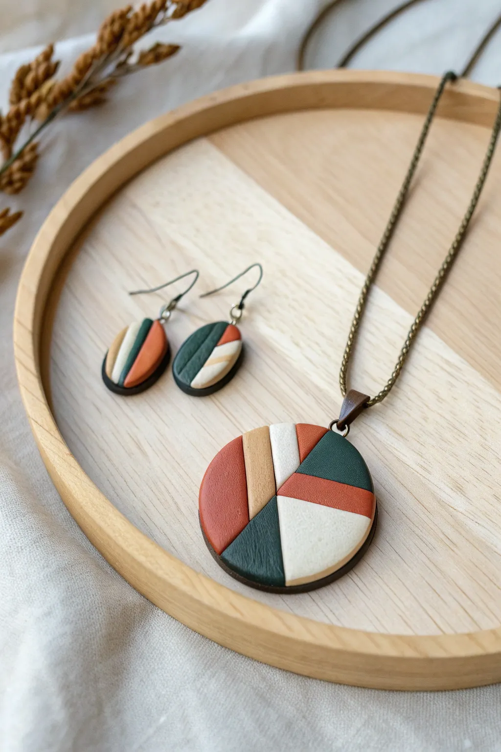 Bold extruded cane veneer refreshes a dark scrap base for crisp, modern pendant and studs