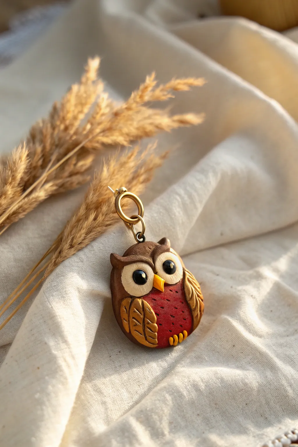 Earth-toned polymer clay owl charm with cozy fall colors on soft linen, minimalist boho vibe