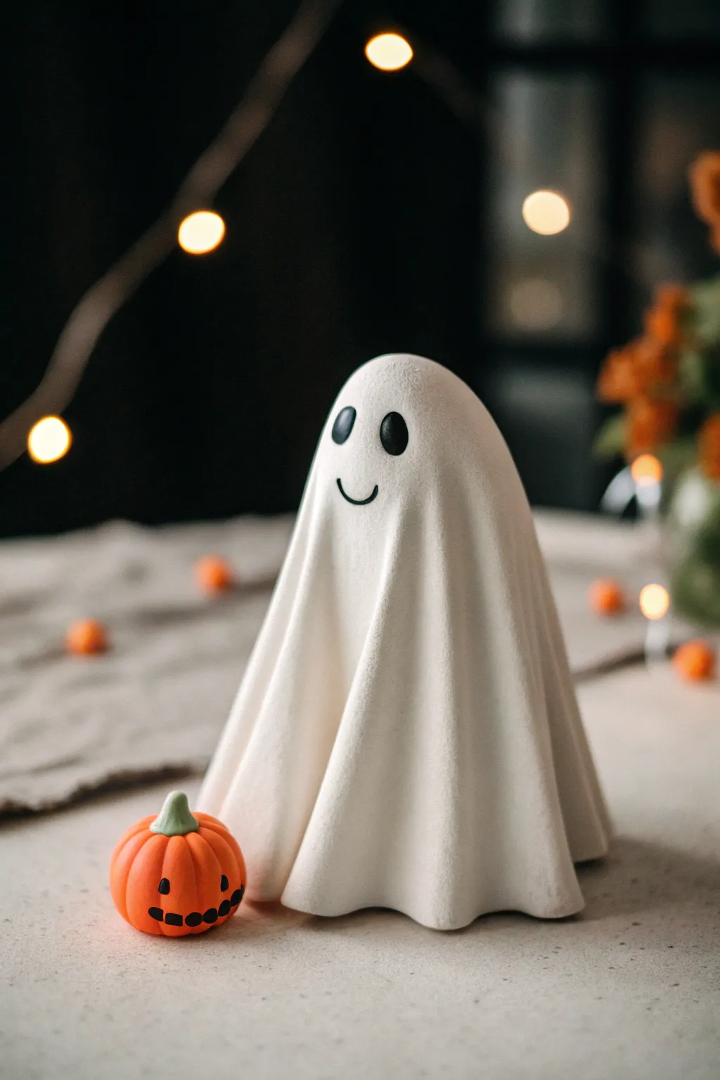 Minimal polymer clay ghost holding a tiny pumpkin, softly lit against a moody dark backdrop
