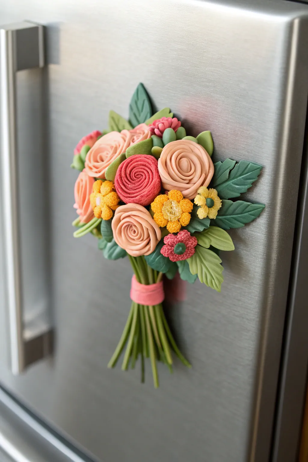 Chunky polymer clay bouquet magnet in bright colors, a playful pop on a minimalist fridge