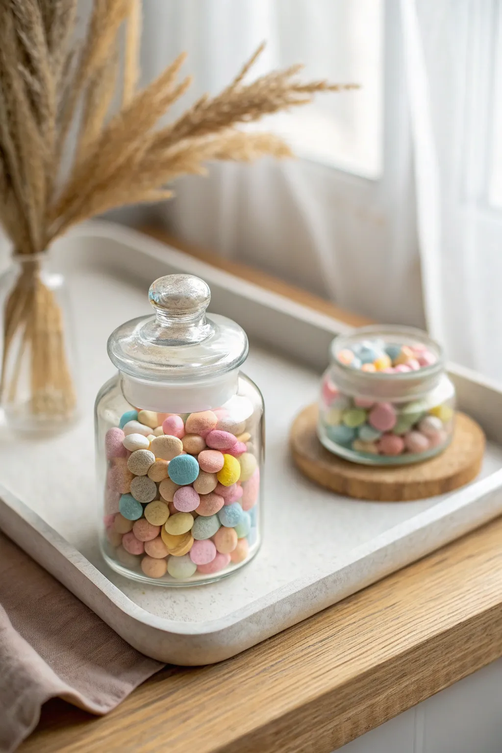 Mini polymer clay candy jar display, bright sweets in a clear jar on a calm Scandinavian shelf
