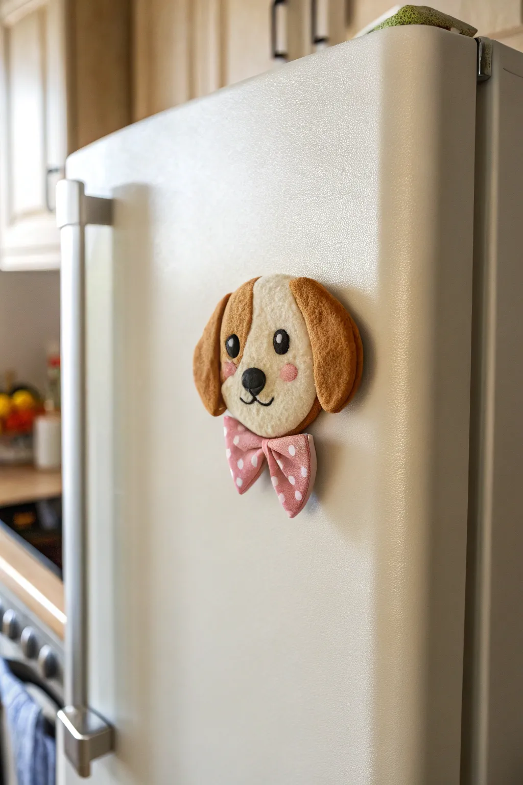 Sweet puppy portrait polymer clay magnet on a neutral fridge, minimalist and cozy handmade charm.