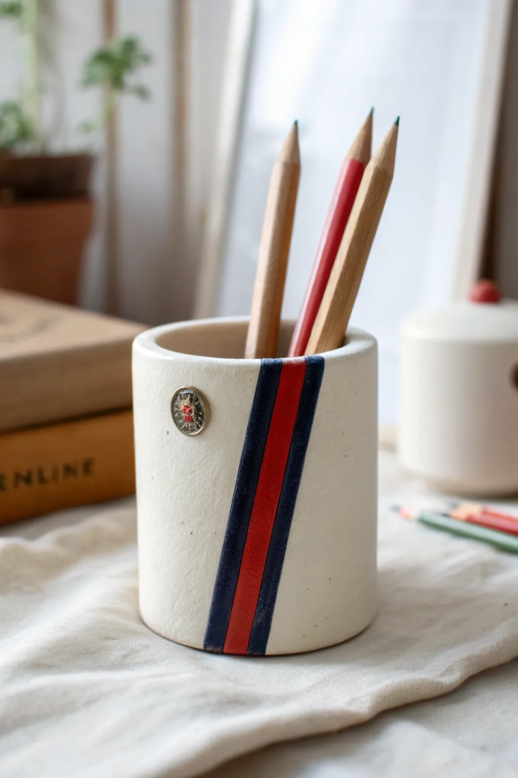 Sporty polymer clay pencil holder with bold racing stripes, a simple desk win for boys.